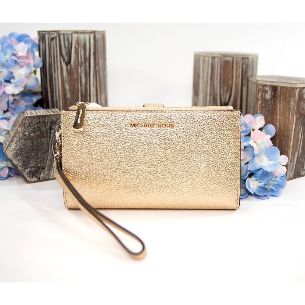 Michael Kors Pale Gold Leather Adele Double Zip Phone Wristlet NWT